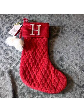 Big Christmas Stocking Red Velvet 17" Monogram Letter H